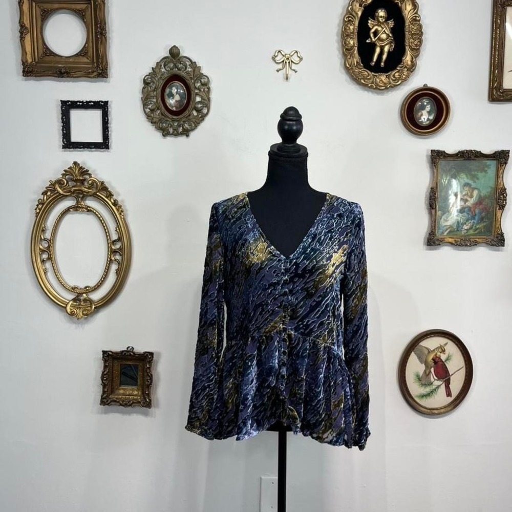 Sundance Women Blue Velvet Burnout Silk Blend Peplum Button Front‎ Blouse Small